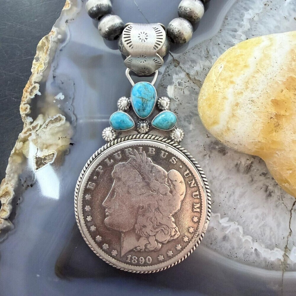 Genuine 1890 90% Morgan Silver Dollar Coin Turquoise Decorated Unisex Pendant